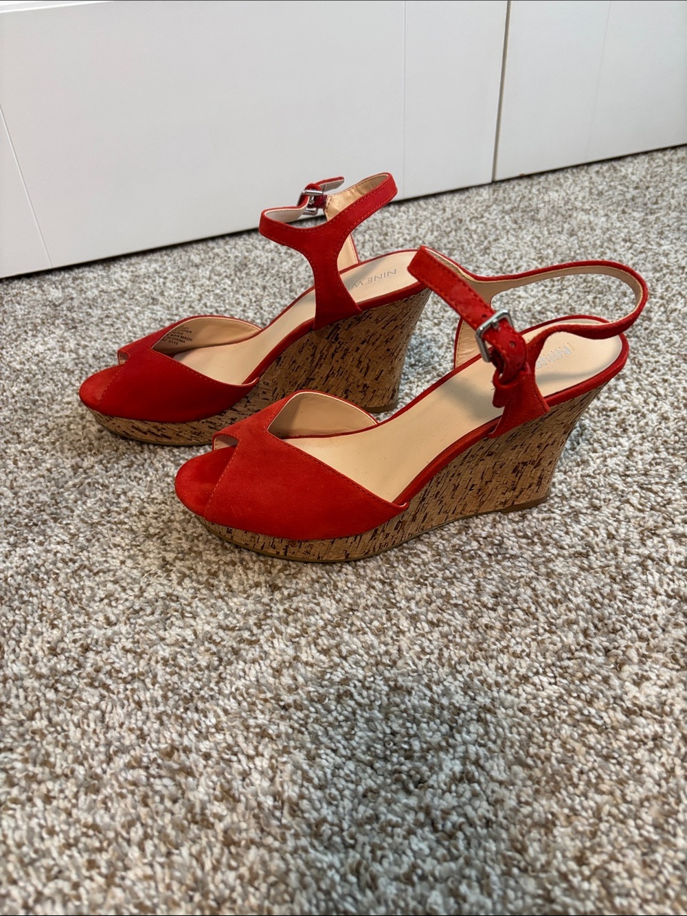 Nine West Orange/Red Suede Cork Wedge Sandals